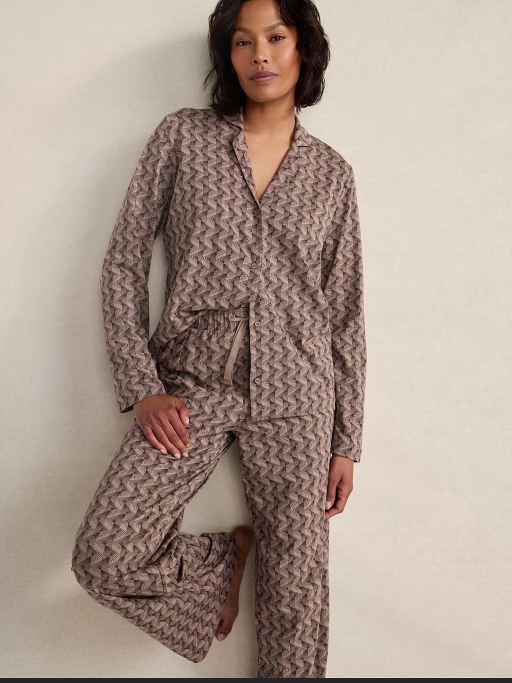 Talbots Haven Well Within Brown Deco Print Organic Cotton Pajama Set Size Medium